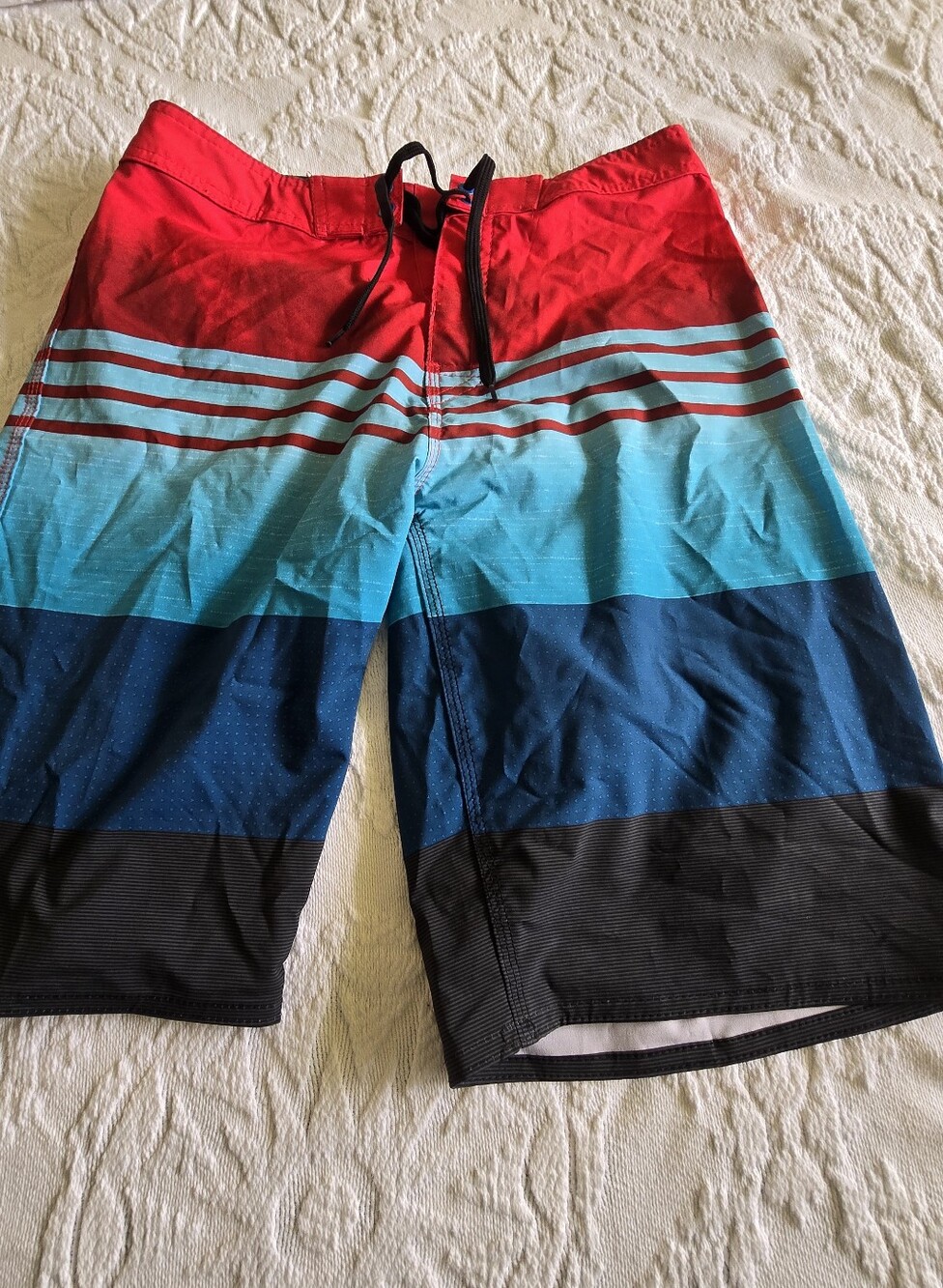 Burnside Red, Aqua, Navy & Black Striped Swim Board Shorts